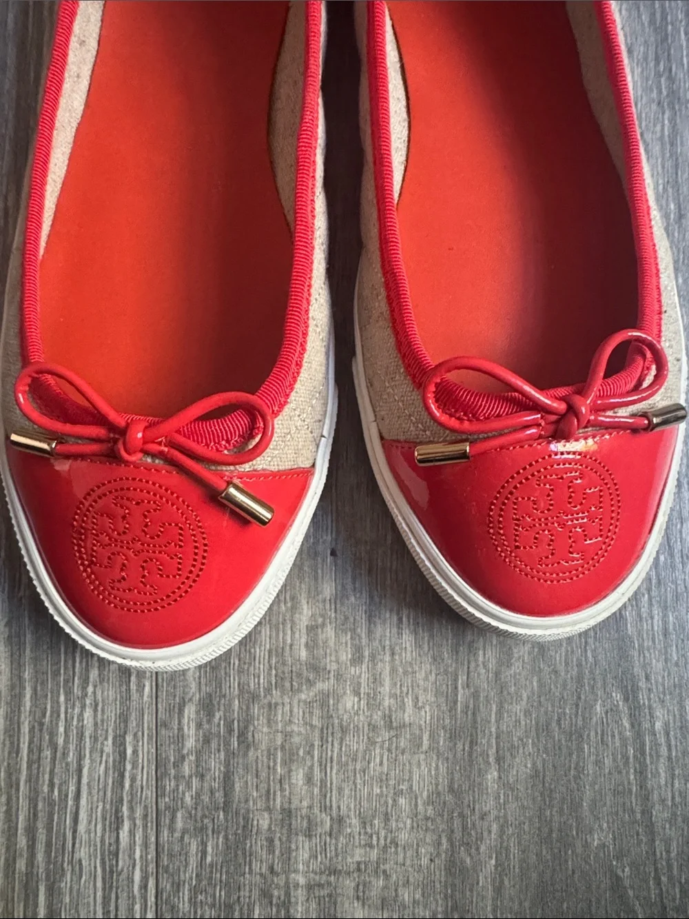 Tory Burch Canvas Ballet Flat with Red Patent Toe